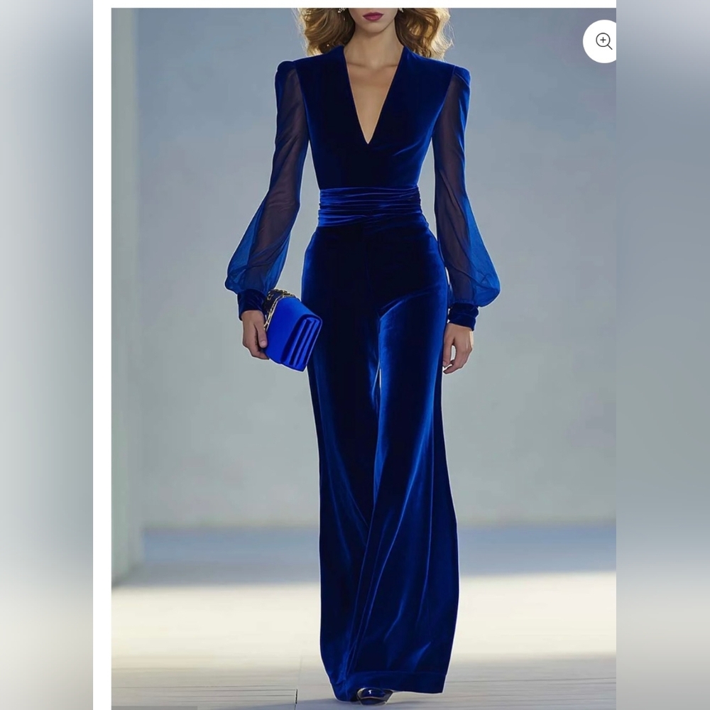 Vintage Elegant And Exquisite V-neck Mesh Long-sleeve Jumpsuit Fast Shipping